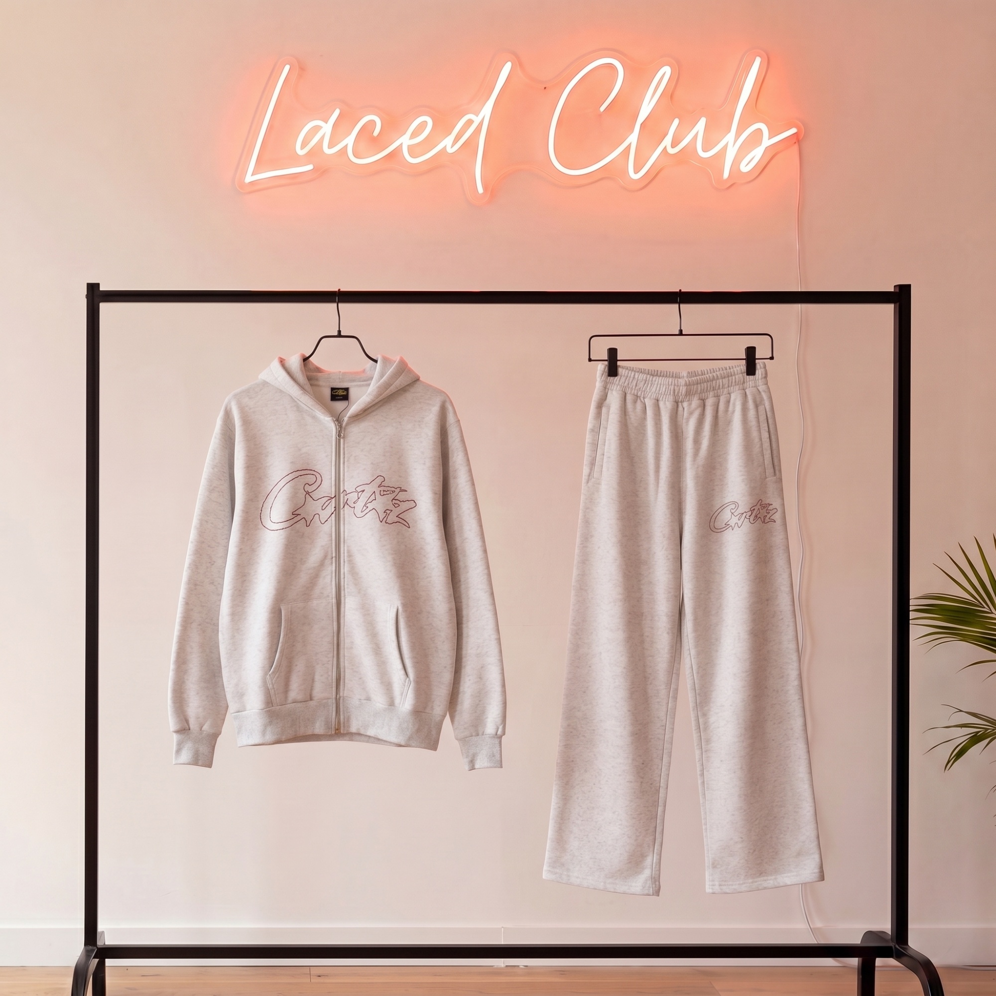 Corteiz Lundun Stitch Tracksuit Set — White / Pink